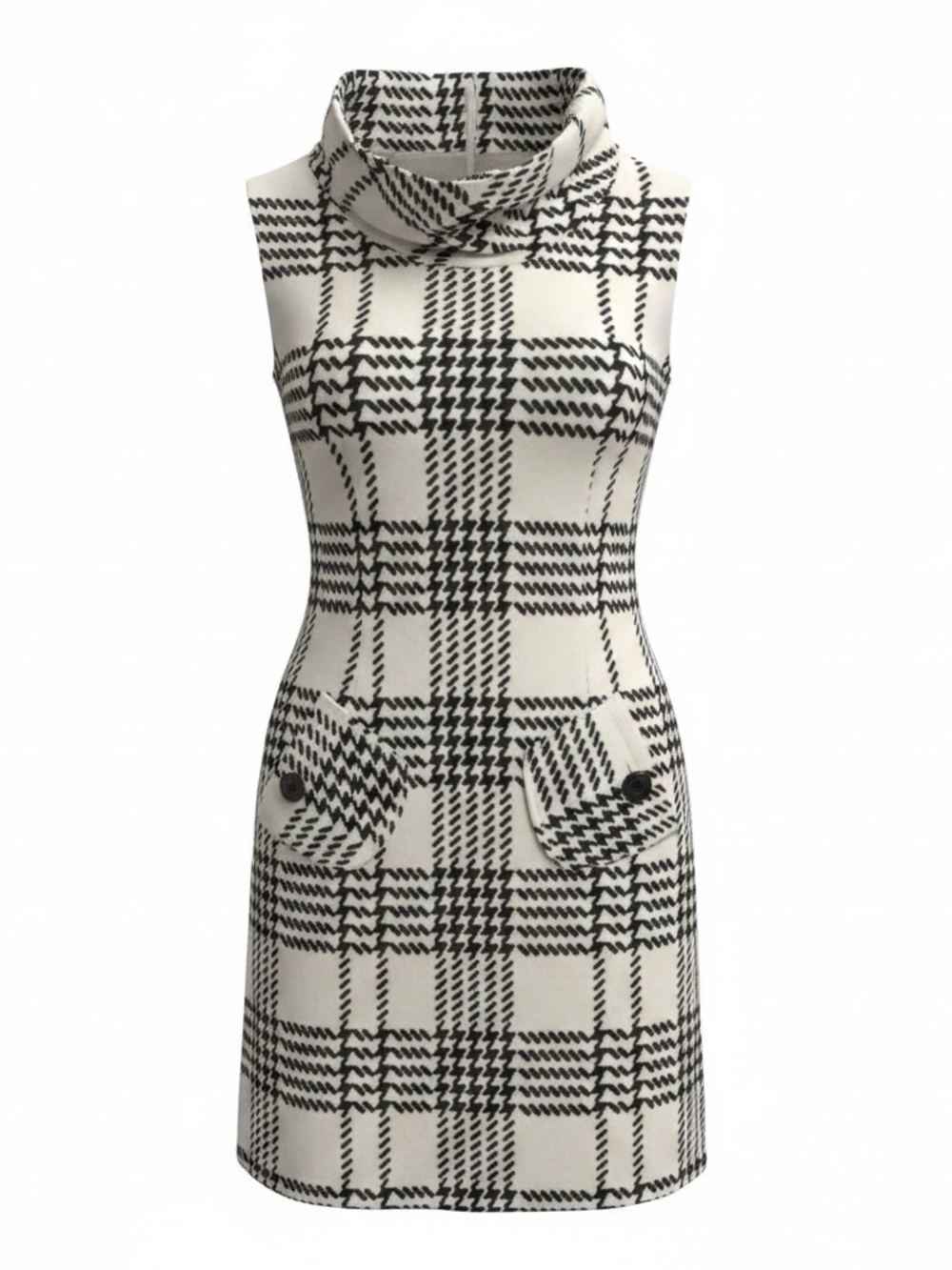 Tiana B. Black & White Plaid Sleeveless Turtleneck Mini Dress